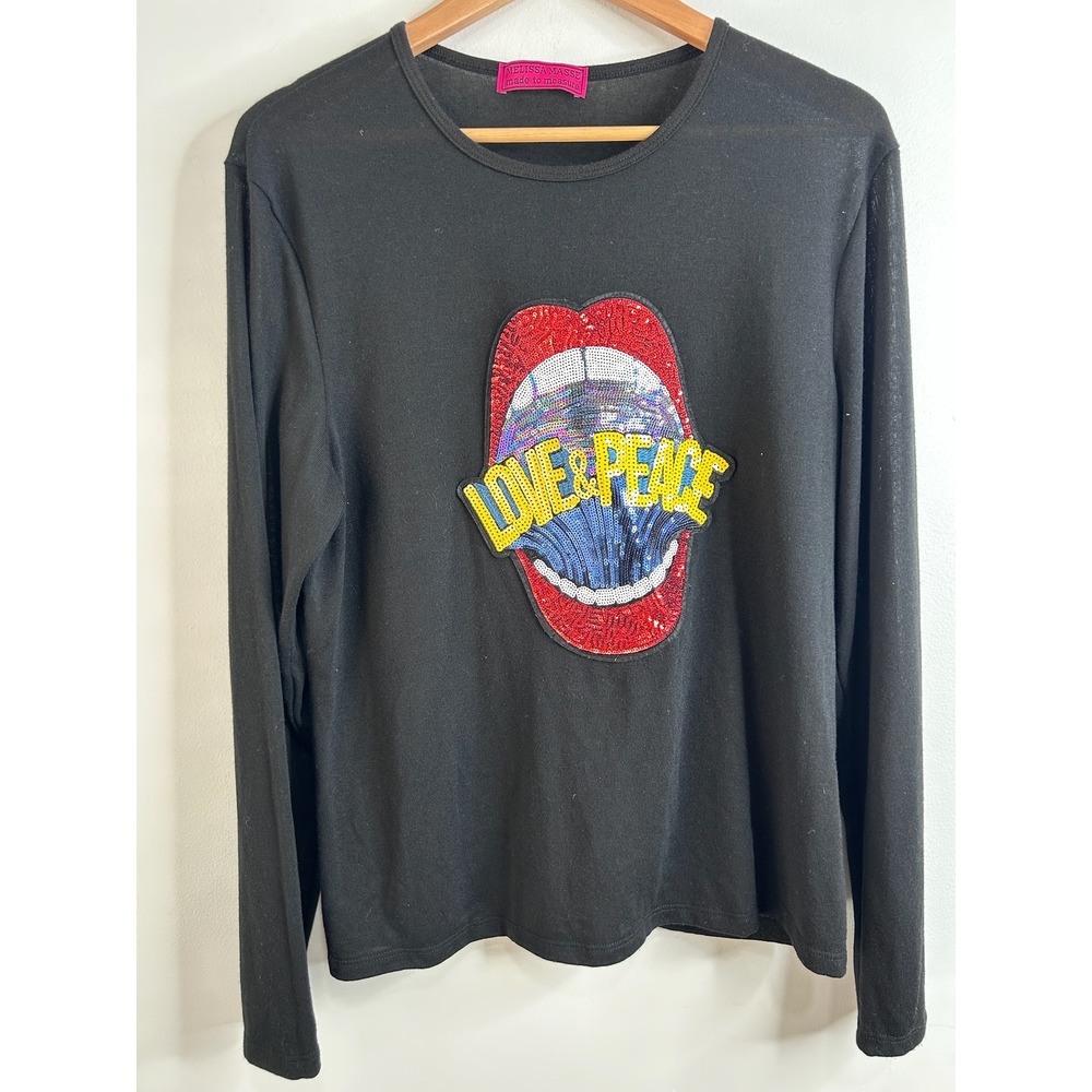 Melissa Masse Black‎ Sequin Love & Peace Mouth Graphic Top 2X USA Retro Grunge